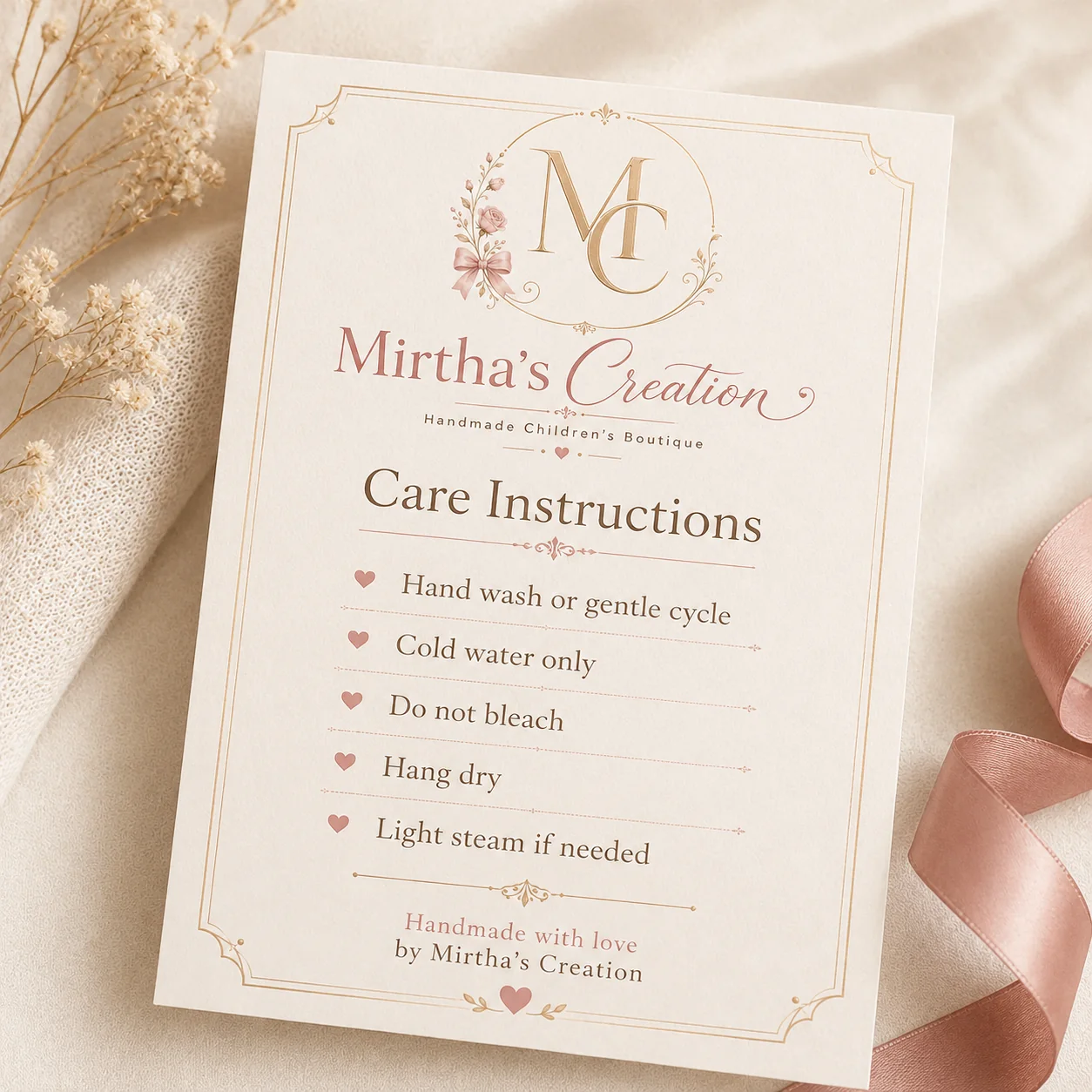 Mirtha's Creation care card and boutique branding